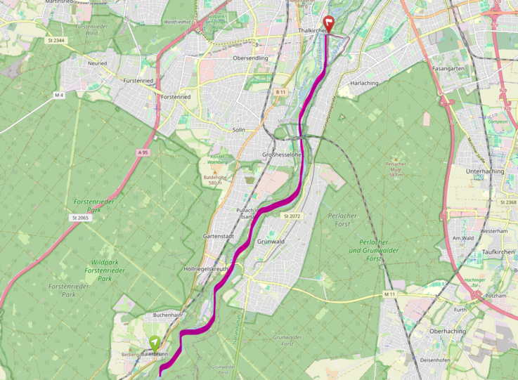Von Baierbrunn nach Hellabrunn – das ist die Route mit dem SUP auf der Isar Richtung München, die unser Autor genommen hat. Von Baierbrunn nach Hellabrunn – das ist die Route mit dem SUP auf der Isar Richtung München, die unser Autor genommen hat.