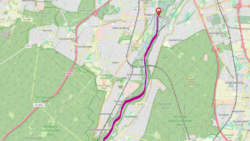Von Baierbrunn nach Hellabrunn – das ist die Route mit dem SUP auf der Isar Richtung München, die unser Autor genommen hat. Von Baierbrunn nach Hellabrunn – das ist die Route mit dem SUP auf der Isar Richtung München, die unser Autor genommen hat.