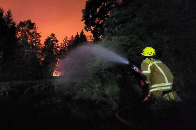 Ein Feuerwehrmann im Einsatz  beim Waldbrand am Chiemsee.