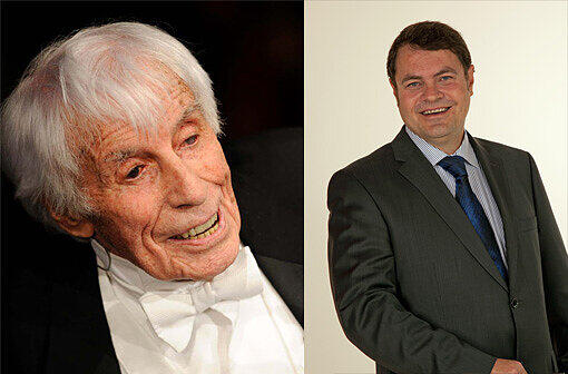 Links: Der Sänger und Schauspieler Johannes Heesters bei einer Erfurter Gala anlässlich seines 107. Geburtstages. Rechts: Bestattungsunternehmer Rudolf Zirngibl: der Starnberger hat schon viele Promis unter die Erde gebracht.
