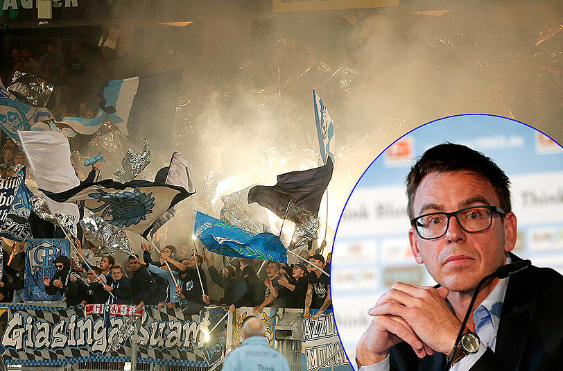 Immer wieder mit Fan-Ärger wie hier konfrontiert: Löwen-Geschäftsführer Markus Rejek.Hier zündeln die Fans beim Auswärtsspiel in Nürnberg.