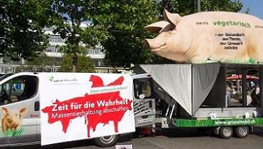 Das Grunzmobil fährt auf dem Marienplatz vor. Das Grunzmobil fährt auf dem Marienplatz vor.