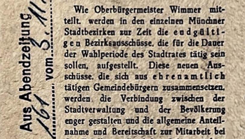 In den Stadtvierteln werden Bezirksausschüsse gebildet: So berichtete die Abendzeitung am 3. November 1948. In den Stadtvierteln werden Bezirksausschüsse gebildet: So berichtete die Abendzeitung am 3. November 1948.
