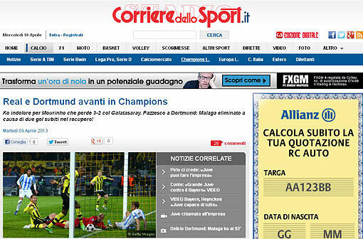 Der &bdquo;Corriere dello Sport&ldquo; aus Italien schreibt: &bdquo;Eine Borussia zum Verrücktwerden. Sie
schaltet Malaga mit zwei Toren nach 90 Minuten aus. Eine
sensationelle Aufholjagd, die etwas Unglaubliches hatte.&ldquo;