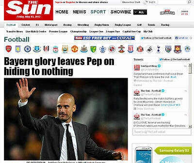 Die englische &bdquo;Sun&ldquo; beschäftigt sich mit Pep Guardiolas schwerem Erbe bei Bayern München. Wörtlich heißt es: &bdquo;Man fragt sich, was genau wird durch Pep Guardiolas Kopf gehen, wenn er Bayern München im Champions-League-Finale sieht. Auf der einen Seite wird er natürlich wollen, dass sein neuer Verein gewinnt. Auf der anderen Seite würde ihm ein Sieg von Borussia Dortmund einen großen Gefallen tun.&ldquo;
