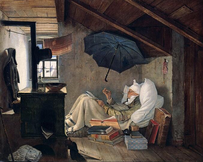 Carl Spitzweg malte drei Fassungen seines &bdquo;Armen Poeten&ldquo;. Eines hängt in der Neuen Pinakothek in München, die anderen in Berlin und Nürnberg.