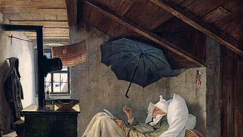 Carl Spitzweg malte drei Fassungen seines &bdquo;Armen Poeten&ldquo;. Eines hängt in der Neuen Pinakothek in München, die anderen in Berlin und Nürnberg.