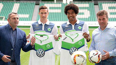 Attacke auf die Bayern: Wolfsburg will mit Manager Klaus Allofs (l-r), Julian Draxler, Dante und Trainer Dieter Hecking wieder angreifen