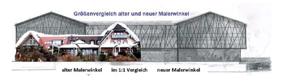 Der alte Malerwinkel (farbig) im Größenvergleich mit dem geplanten Neubau (graue Skizze).