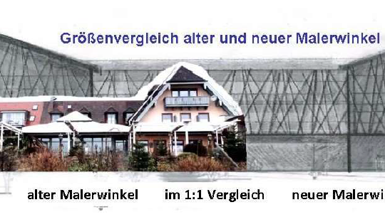 Der alte Malerwinkel (farbig) im Größenvergleich mit dem geplanten Neubau (graue Skizze).