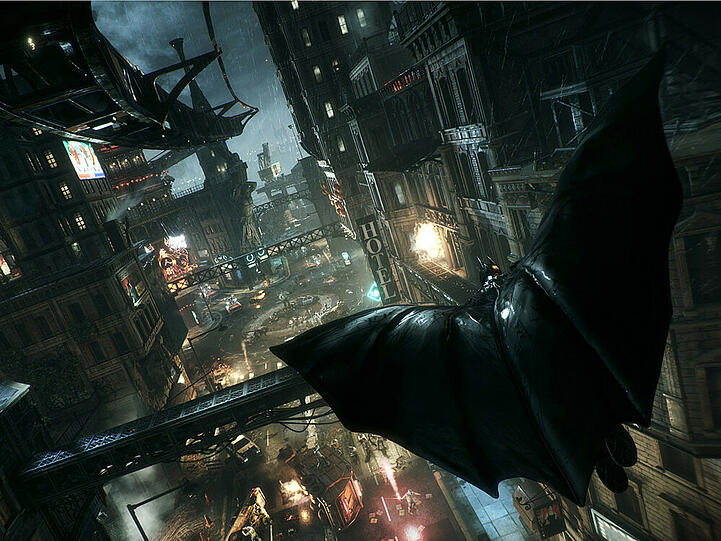 Batman gleitet auch in "Arkham Knight" wieder durch die Stadt