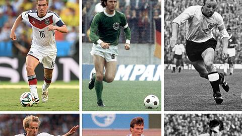Die Kombo zeigt die ehemaligen deutschen Fußball-Nationalspieler (oben l-r) Philipp Lahm, Franz Beckenbauer, Uwe Seeler (unten l-r) Jürgen Klinsmann, Lothar Matthäus, Fritz Walter.