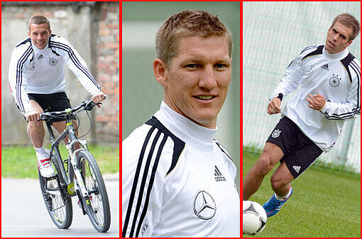 Konzentration in Danzig: Beim Training der Nationalelf zwei Tage vor dem EM-Auftaktspiel stehen mit Lahm und Khedira wieder alle 23 Spieler auf dem Platz.