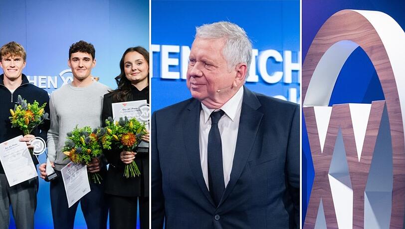 XY-Preisträger bei "Aktenzeichen XY... Ungelöst" - drei der fünf Preisträger und einer der Laudatoren, Schauspieler Rainer Hunold (M.).