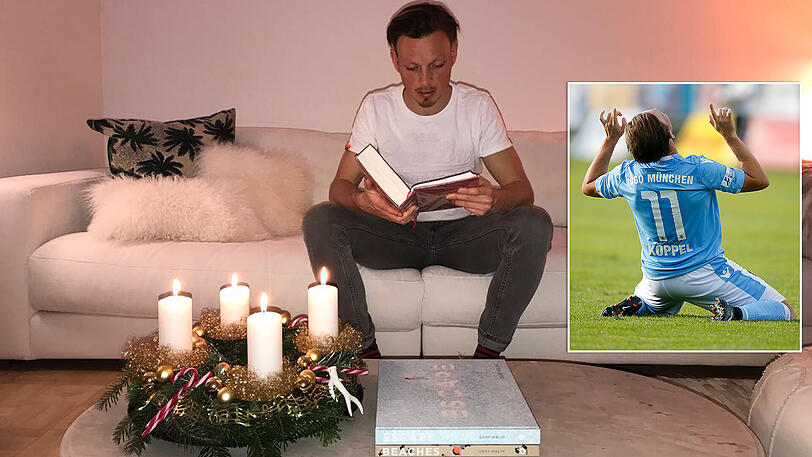 Liest daheim täglich in der Bibel: Christian Köppel. Rechts bejubelt er den ersten Saisontreffer der Löwen in Memmingen (Foto: Rauchensteiner/Augenklick)