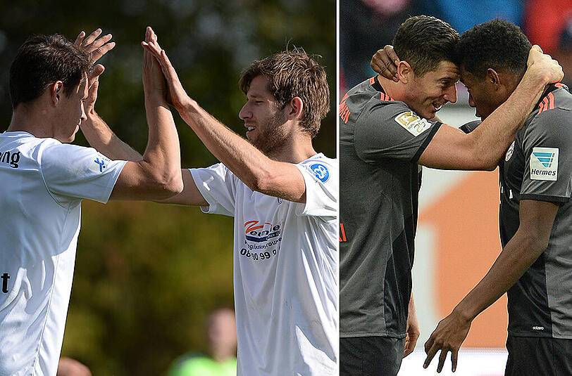 Silas Göpfert und Manuel Eisgruber vom VfR Garching (links) jubeln mindestens genauso schön wie Robert Lewandowski und David Alaba vom FC Bayern.