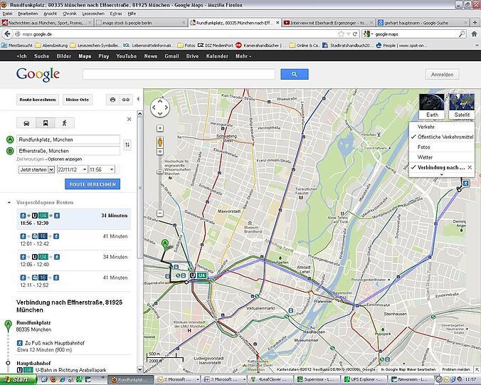 Vom Rundfunkplatz zum Effnerplatz: So kommt man mit Google Maps und dem Fahrplan der MVG weiter.