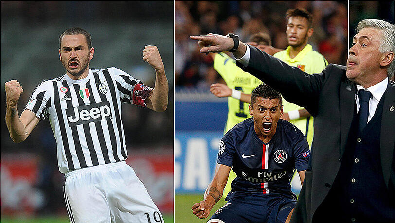 Will Carlo Anelotti (r.) einen von beiden nach München holen? Turins Leonardo Bonucci (l.) und Marquinhos von PSG.
