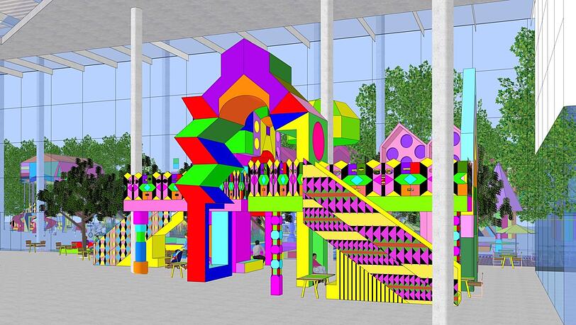 Barbie-Schloss mit Pavillon-Charakter: Treffpunkte für den Austausch sind immer im Plan von Morag Myerscough. Barbie-Schloss mit Pavillon-Charakter: Treffpunkte für den Austausch sind immer im Plan von Morag Myerscough.