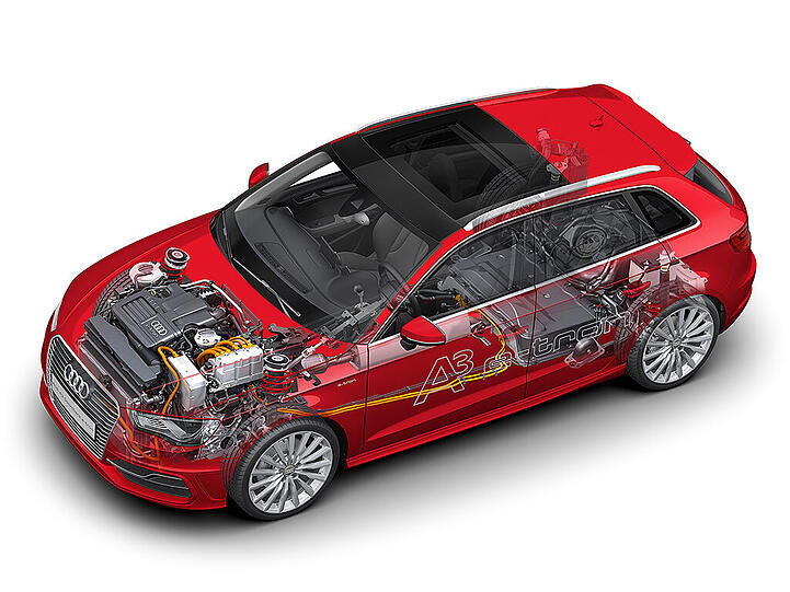 Dieses Bild zeigt die technischen Komponenten des Audi A3 Sportback e-tron.