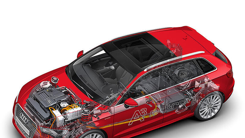 Dieses Bild zeigt die technischen Komponenten des Audi A3 Sportback e-tron. Dieses Bild zeigt die technischen Komponenten des Audi A3 Sportback e-tron.