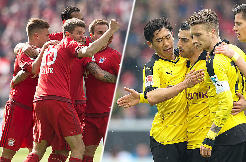 Bayerischer Jubel links: Müller und Co freuen sich über Vidals Treffer zum 1:0 gegen Berlin. Dortmunder Jubel rechts: Kagawa (l.) und Reus (r.) mit Mkhitaryan (M.).