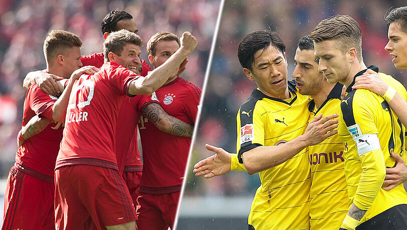 Bayerischer Jubel links: Müller und Co freuen sich über Vidals Treffer zum 1:0 gegen Berlin. Dortmunder Jubel rechts: Kagawa (l.) und Reus (r.) mit Mkhitaryan (M.). Bayerischer Jubel links: Müller und Co freuen sich über Vidals Treffer zum 1:0 gegen Berlin. Dortmunder Jubel rechts: Kagawa (l.) und Reus (r.) mit Mkhitaryan (M.).