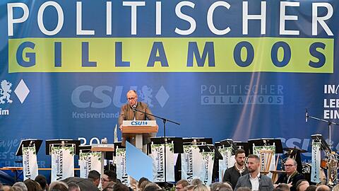 CDU-Chef Friedrich Merz spricht beim Politischen Frühschoppen Gillamoos auf der Bühne.