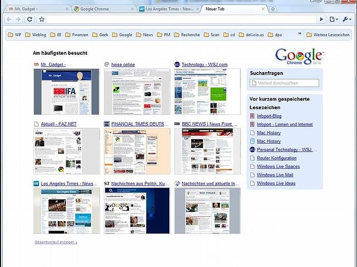 Screenshot der deutschsprachigen Beta von Google Chrome.