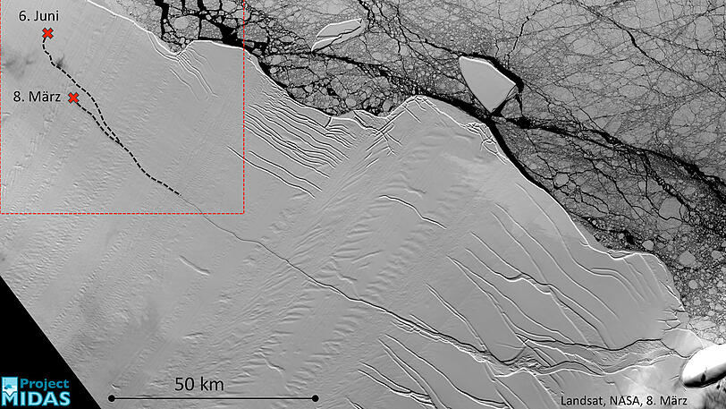 Das undatierte Handout-Foto zeigt ein optisches Satellitenbild vom März 2017 mit der ganzen Länge des Risses des Larsen-C-Schelfeises. In der Antarktis wird sich bald ein Rieseneisberg ablösen, doppelt so groß wie das Saarland. Er wird zu den fünf größten Eisgiganten der letzten Jahrzehnte zählen. Gefahr für die Schifffahrt besteht nicht.