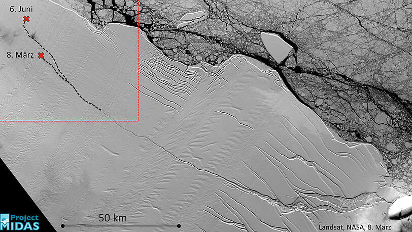 Das undatierte Handout-Foto zeigt ein optisches Satellitenbild vom März 2017 mit der ganzen Länge des Risses des Larsen-C-Schelfeises. In der Antarktis wird sich bald ein Rieseneisberg ablösen, doppelt so groß wie das Saarland. Er wird zu den fünf größten Eisgiganten der letzten Jahrzehnte zählen. Gefahr für die Schifffahrt besteht nicht. Das undatierte Handout-Foto zeigt ein optisches Satellitenbild vom März 2017 mit der ganzen Länge des Risses des Larsen-C-Schelfeises. In der Antarktis wird sich bald ein Rieseneisberg ablösen, doppelt so groß wie das Saarland. Er wird zu den fünf größten Eisgiganten der letzten Jahrzehnte zählen. Gefahr für die Schifffahrt besteht nicht.