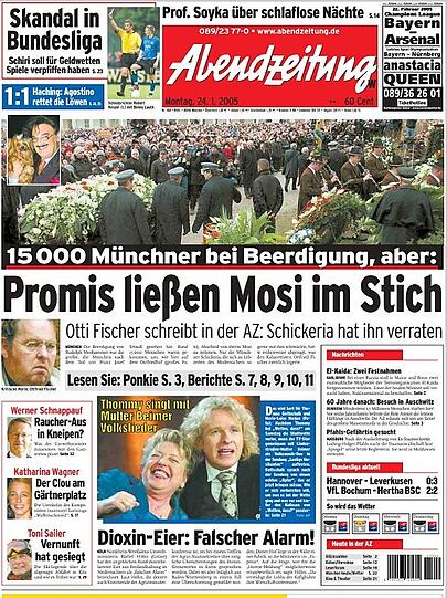 "Mit einer Trauerfeier, wie es sie seit dem Tod von Ministerpräsident Franz Josef Strauß nicht mehr gegeben hat, nahm München Abschied von Rudolph Moshammer", schrieb die AZ am 24. Januar 2015. AZ-Gastautor Ottfried Fischer formulierte folgende Zeilen: "Die Tragik, die über seinen Tod hinweg bleibt: Die Münchner Schickeria hat ihn verraten. Genau die, zu denen er immer hinwollte, bei denen er sich zu Hause fühlte, denen er sein ganzes Leben den Moshammer gab, ließen ihn beim Abschied im Stich."