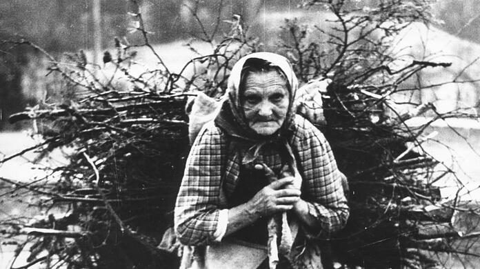 Symbolbild einer schweren Zeit: Eine Frau sammelt in einem Winter um 1946 bei Regensburg Holz.