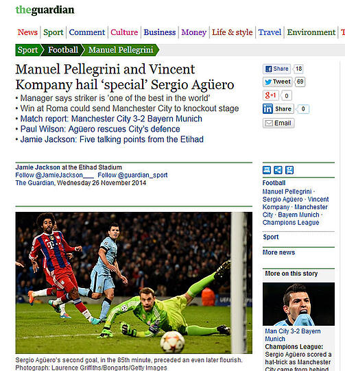 The Guardian (Großbritannien): "Manuel Pellegrini und Vincent Kompany huldigen dem "Speziellen" Sergio Aguero.