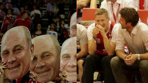 Bastian Schweinsteiger lacht über die Hoeneß-Köpfe beim Basketball-Spiel des FC Bayern gegen Bremerhaven im Audi Dome. Bastian Schweinsteiger lacht über die Hoeneß-Köpfe beim Basketball-Spiel des FC Bayern gegen Bremerhaven im Audi Dome.