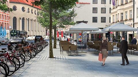 Autoparkplätze weg am Fahrbahnrand, dafür könnten an der Stelle dann alle Fahrräder parken, die aktuell noch oft mitten auf dem Gehsteig herumstehen. Und Flaneure hätten Platz zum Schlendern und Sitzen. Simulation: LHM Baureferat