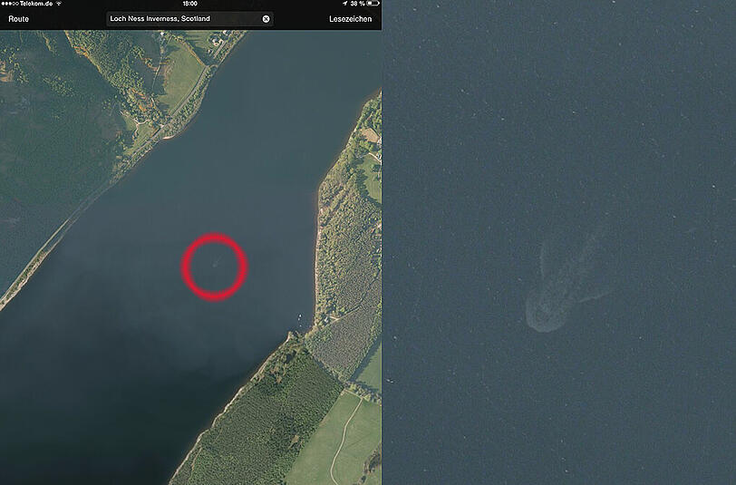 Na bitte: Das muss doch Nessie sein (roter Kreis). Wer weiter in das Apple-Satellietenbild zoomt, der sieht das vermeintliche Monster noch genauer (Foto rechts)