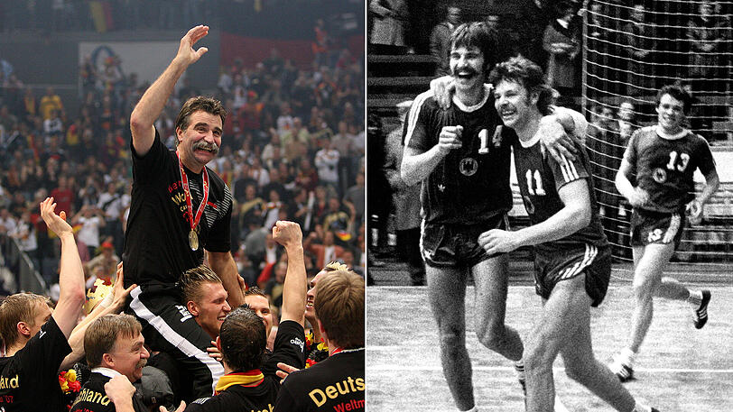 Heiner Brand 1976 mit Jo Deckarm (rechts) und 2007 bei seinem größten Triumph als Weltmeister-Trainer auf den Schultern seiner Spieler.