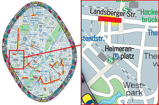 Nervtötender Lärm: die rot markierten Gebiete sind besonders laut - und bewohnt. Links das Stadtgebiet im Überblick, rechts die jeweiligen Brennpunkte.