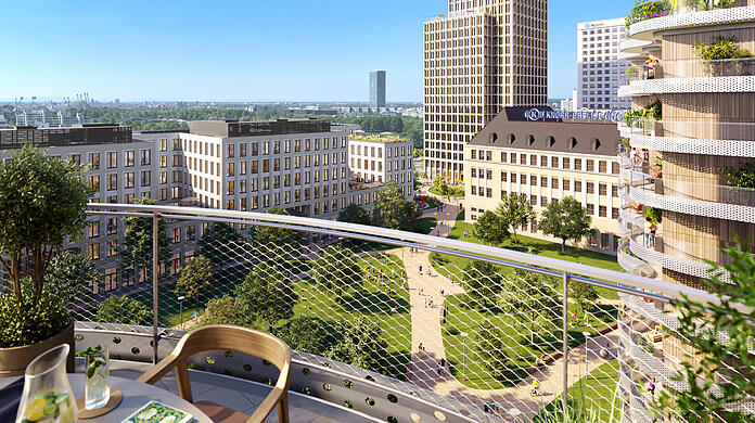 Auf dem mehr als f&uuml;nf Hektar gro&szlig;en Areal entstehen neben mehr als 500 neuen Mietwohnungen f&uuml;r bis zu 1200 Menschen L&auml;den, Gastronomie, Kindertagesst&auml;tten, ein Pflege heim und ein &ouml;ffentlicher Park. Au&szlig;erdem werden rund 4500 Menschen ihren B&uuml;ro-Arbeitsplatz in dem Quartier haben.