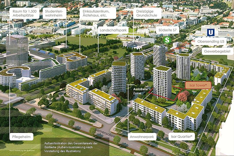 Ein Blick in die Zukunft: Wenn alles gebaut ist, soll die "Südseite" in etwa so aussehen. Mitten drin steht der Isar Tower.