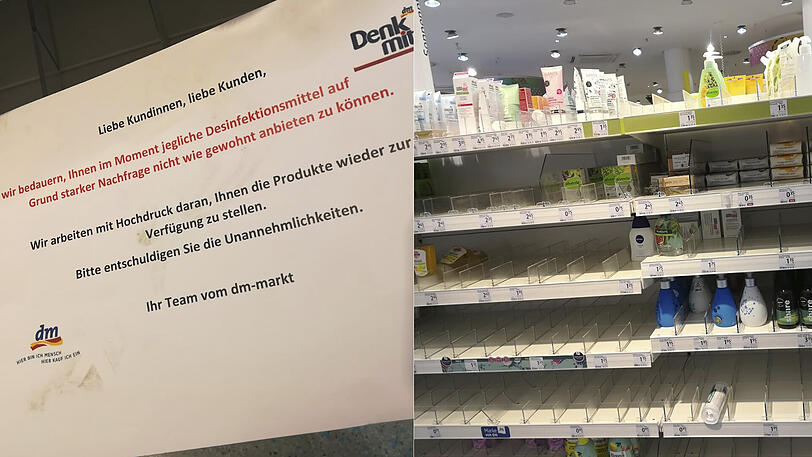 Blick in einen Drogeriemarkt in München: Desinfektionsmittel gibt's nicht mehr.