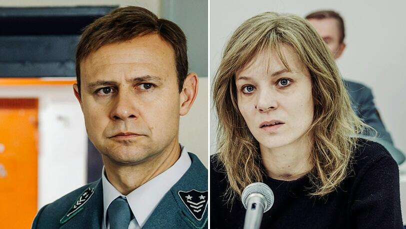Moritz Führmann und Lilith Stangenberg als Vollzugsbeamten Horst Bubeck und Gudrun Ensslin im Dokudrama "Stammheim - Zeit des Terrors".
