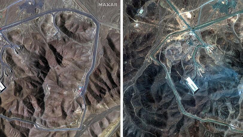Das Satellitenbild zeigt die mutmaßlichen Einschlaglöcher der massiven US-Bomben. Doch wie folgenreich war der Angriff tatsächlich? (Archivbild) Das Satellitenbild zeigt die mutmaßlichen Einschlaglöcher der massiven US-Bomben. Doch wie folgenreich war der Angriff tatsächlich? (Archivbild)
