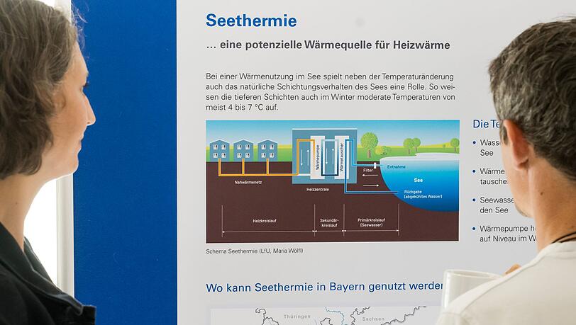Besucher der Abschlussveranstaltung betrachten das Schema einer Seethermie-Anlage. Besucher der Abschlussveranstaltung betrachten das Schema einer Seethermie-Anlage.