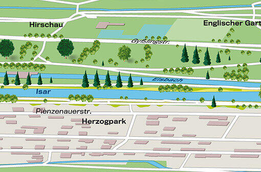 Höhe Hirschau: Das Blatt hat sich gewendet: Während der Spaziergänger im Stadtgebiet meist rechts der Isar den breiteren Park-Korridor findet ist es ab der Kennedybrücke umgekehrt.