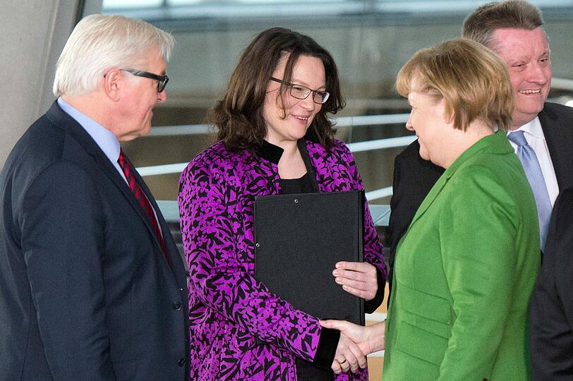 Frank-Walter Steinmeier, Andrea Nahles und Angela Merkel. Sie regieren jetzt zusammen.