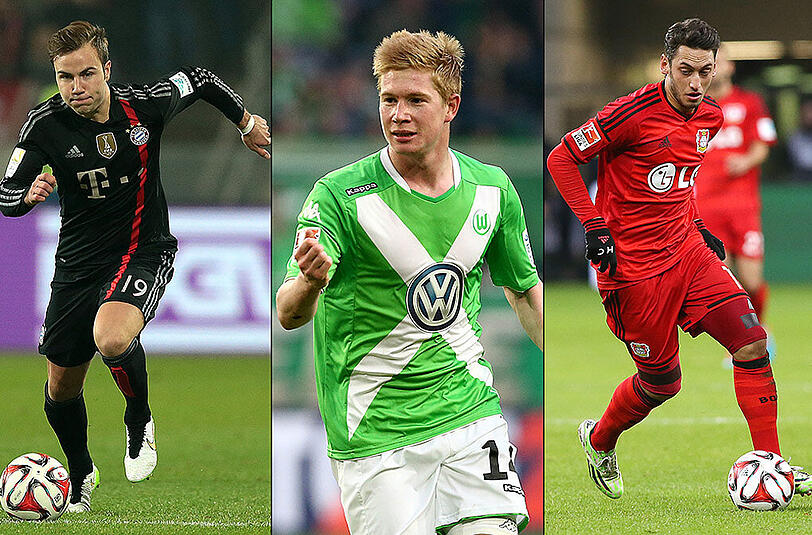 Einer ist Weltklasse, zwei nicht: Bayerns Mario Götze (l.), Wolfsburgs Kevin De Bryune (m.) und Hakan Calhanoglu von Bayer Leverkusen (r.).