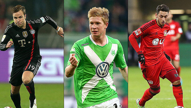 Einer ist Weltklasse, zwei nicht: Bayerns Mario Götze (l.), Wolfsburgs Kevin De Bryune (m.) und Hakan Calhanoglu von Bayer Leverkusen (r.). Einer ist Weltklasse, zwei nicht: Bayerns Mario Götze (l.), Wolfsburgs Kevin De Bryune (m.) und Hakan Calhanoglu von Bayer Leverkusen (r.).