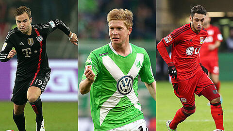 Einer ist Weltklasse, zwei nicht: Bayerns Mario Götze (l.), Wolfsburgs Kevin De Bryune (m.) und Hakan Calhanoglu von Bayer Leverkusen (r.).